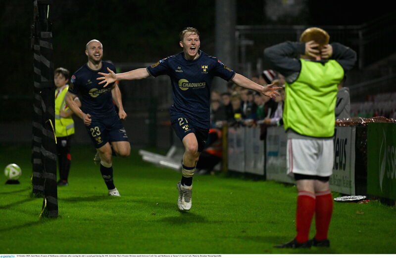 Jack Henry-Francis of Shelbourne celebrates after scoring his side's second goal during the SSE Airtricity Men's Premier Division match between Cork City and Shelbourne at Turner's Cross in Cork. Photo by Brendan Moran/Sportsfile
