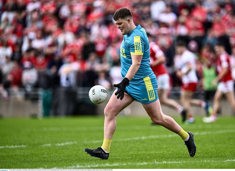 Cork goalkeeper Chris Kelly in action against Tyrone in 2024. Picture: Piaras Ó Mídheach/Sportsfile
