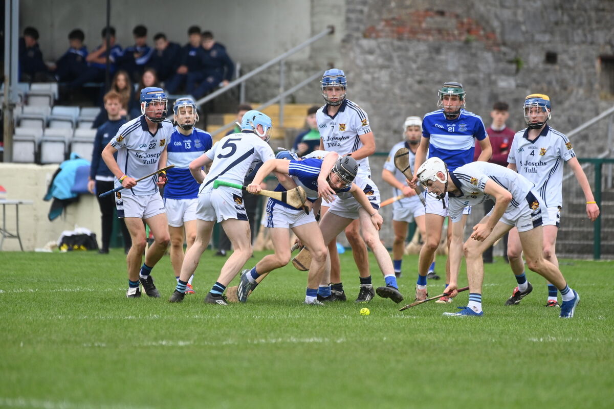 Second half battle for possession in midfield between North Mon and St Joseph's players. Picture: Larry Cummins