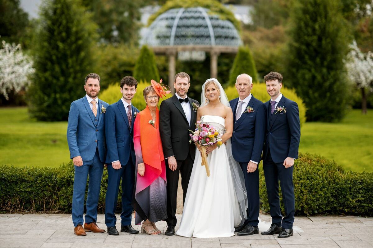 The newlyweds with the groom's family, Cian O’Hea, Tomás O’Hea, Mary O’Hea, Reuben O’He, Niamh O’Connor, James O’Hea and Barry O’Hea. 