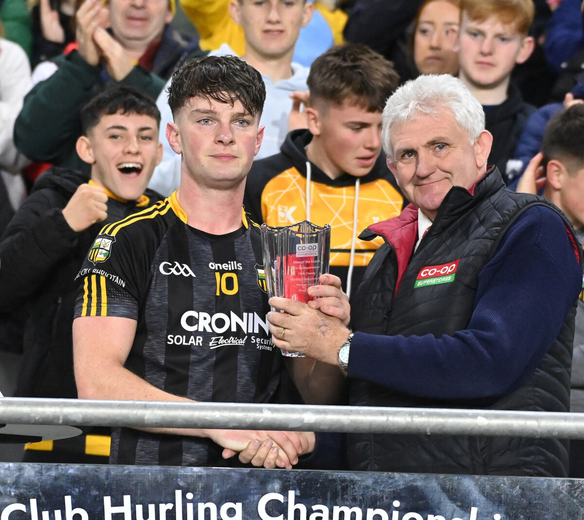 Dermot Foley, Co-Op Superstores, presents the Man of the Match award to Kilbrittain's Mark Hickey. Picture: Eddie O'Hare