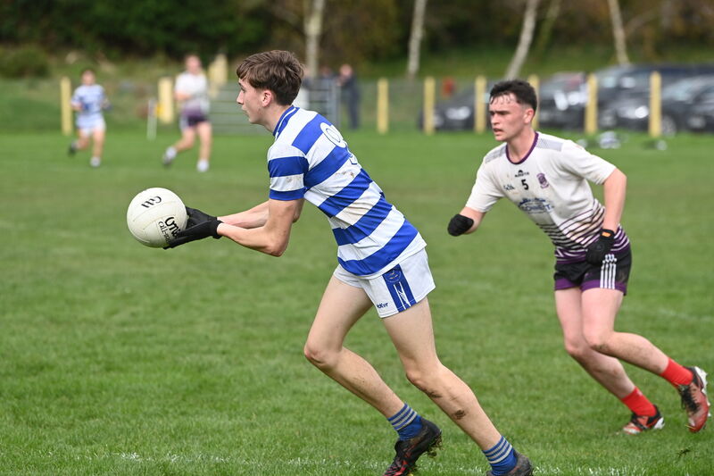  Brian Cronin of Coláiste Choilm looks to offload, with Will O'Donovan of Skibbereen CS in close company. Picture: Larry Cummins