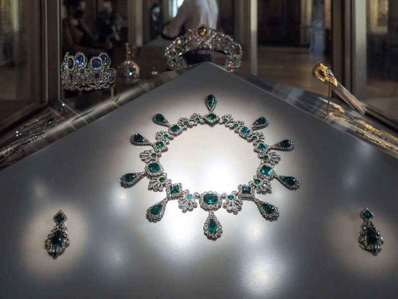 Necklace and earrings from the emerald set of Napoleon's second wife Empress Marie Louise on display in the Apollo Gallery. Picture: Hans Lucas AFP via Getty Images Necklace and earrings from the emerald set of Napoleon's second wife Empress Marie Louise on display in the Apollo Gallery. Picture: Hans Lucas AFP via Getty Images