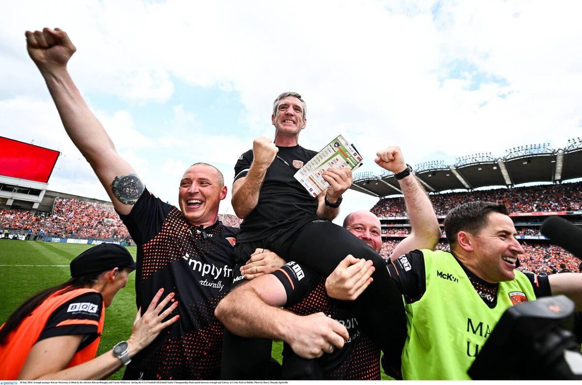 WINNER: Armagh manager Kieran McGeeney with selectors Kieran Donaghy, Ciarán McKeever and Conleth Gilligan after their 2024 All-Ireland win against Galway. Pic: Harry Murphy/Sportsfile