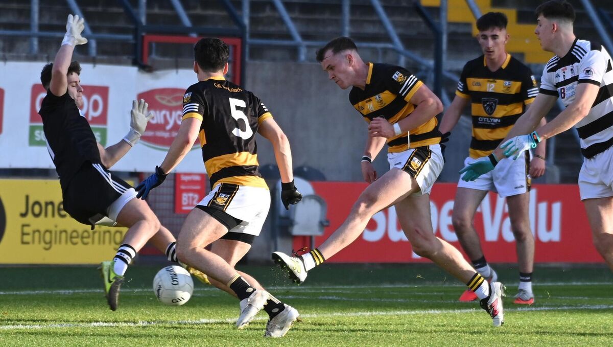 CHAMPIONS: Buttevant's Michael O'Neill slots the ball past St. Nick's goalkeeper Ross Cronin. Pic: Eddie O'Hare. CHAMPIONS: Buttevant's Michael O'Neill slots the ball past St. Nick's goalkeeper Ross Cronin. Pic: Eddie O'Hare.