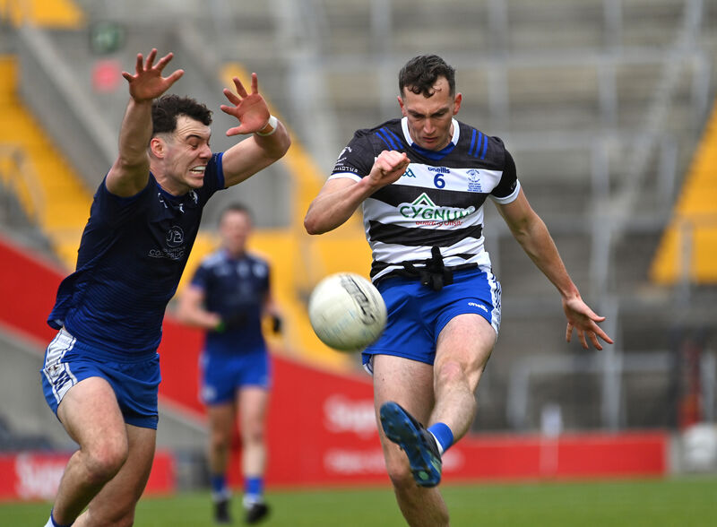 Seán Ó Fóirréidh, Cill na Martra getting in a shot on goal under pressure from Daniel O'Mahony, Knocknagree in the McCarthy Insurance Group Senior A fotball championship final at SuperValu Páirc Uí Chaoimh. Picture Dan Linehan  Seán Ó Fóirréidh, Cill na Martra getting in a shot on goal under pressure from Daniel O'Mahony, Knocknagree in the McCarthy Insurance Group Senior A fotball championship final at SuperValu Páirc Uí Chaoimh. Picture Dan Linehan