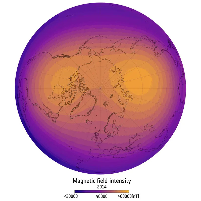 Changes in strong magnetic field over Canada and Siberia. (CREDIT: ESA (Data source: Finlay, C.C. et al., 2025))