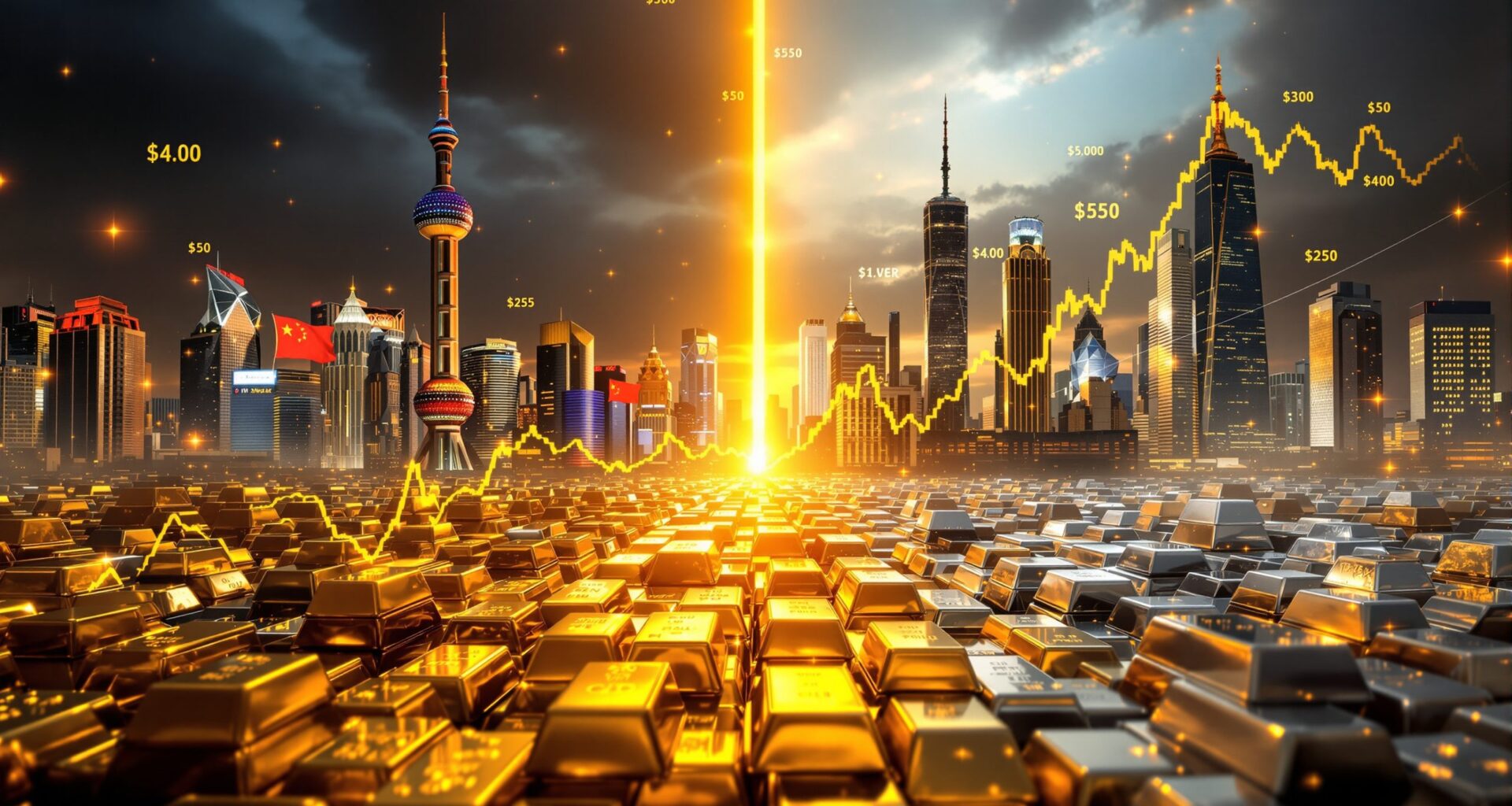 Shanghai metals market control visualized with skyscrapers.