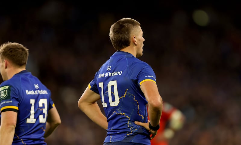 Leinster's Sam Prendergast cuts a disappointed figure during last Saturday's URC defeat to Munster at Croke Park. Photograph: Tom Maher/Inpho