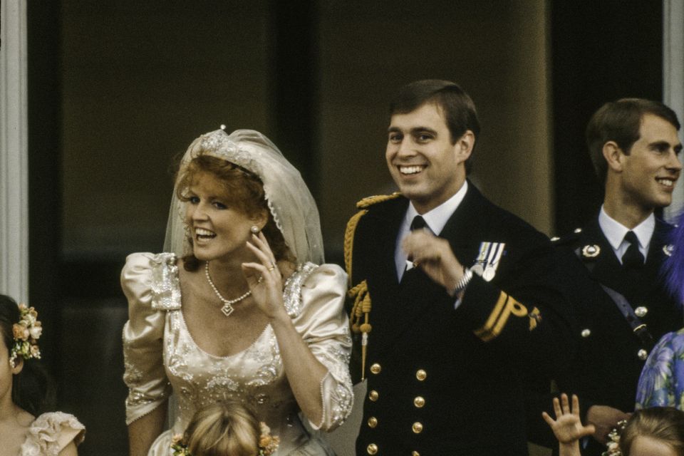 Sarah and Andrew at Buckingham Palace on their wedding day in July 1986. Photo: Getty