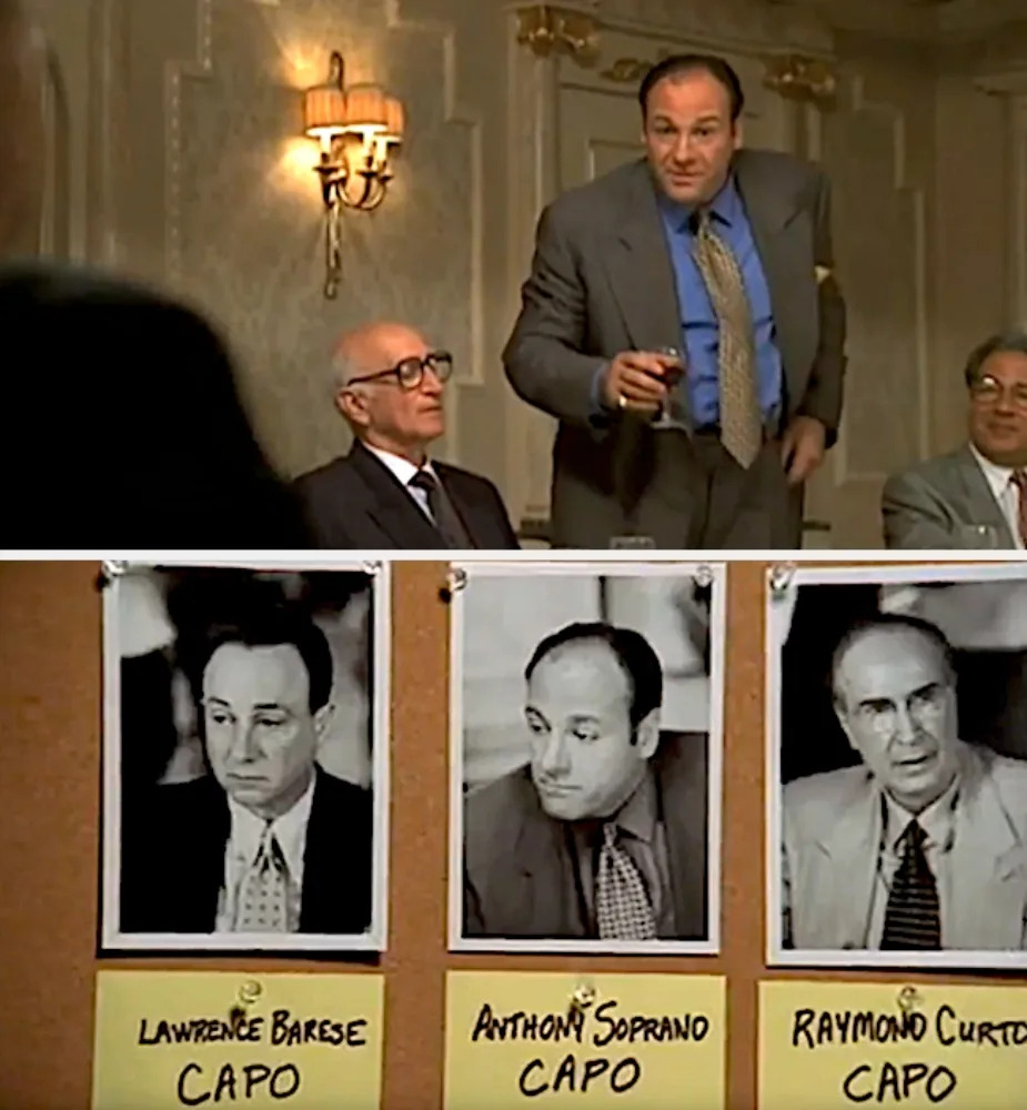 A man in a formal suit addresses others at a meeting; below are photos of three men labeled as capos