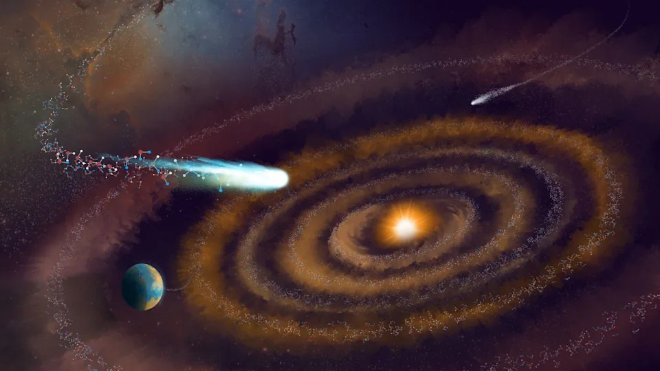  An illustration showing glowing planet-forming rings with a burst of water streaking across them an a planet in the distance. 