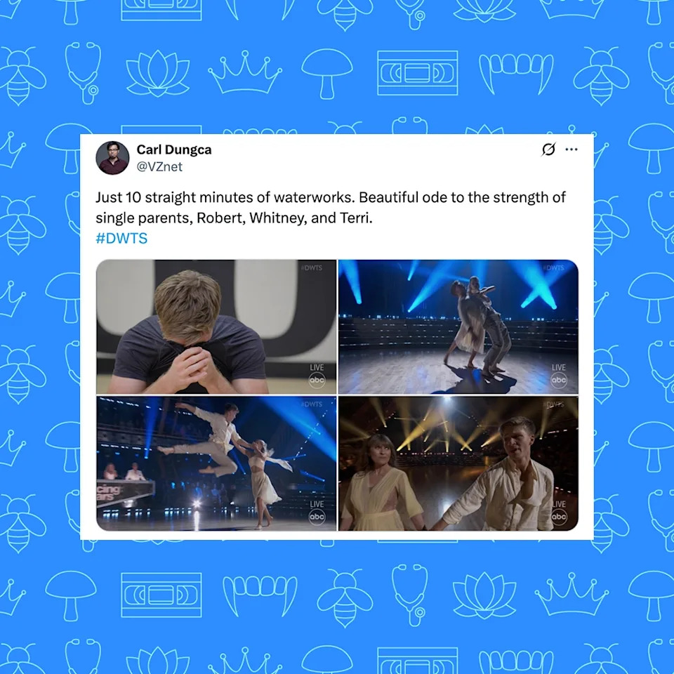Tweet about emotional "Dancing with the Stars" performance honoring single parents, includes two couples in dance poses and an emotional close-up