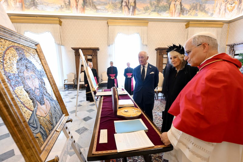 Pope Leo exchanges gifts with King Charles  and Queen Camilla. Photograph: Simone Risoluti/Vatican Media/Getty Images