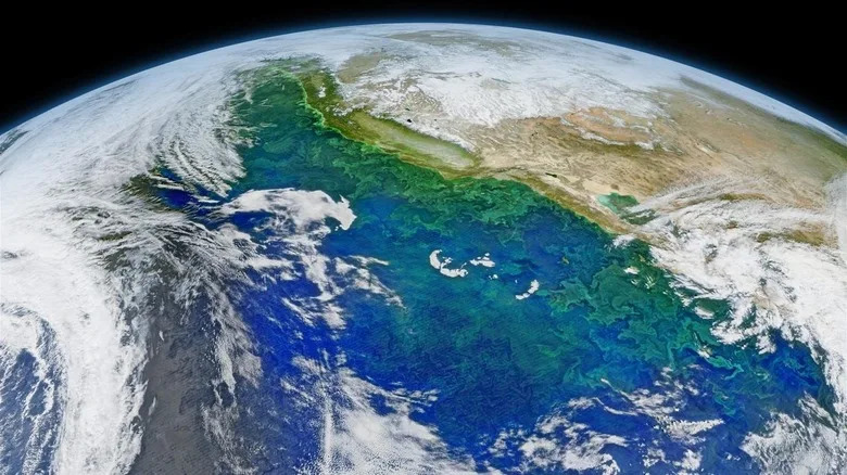 Phytoplankton bloom event off the California coast seen from space.