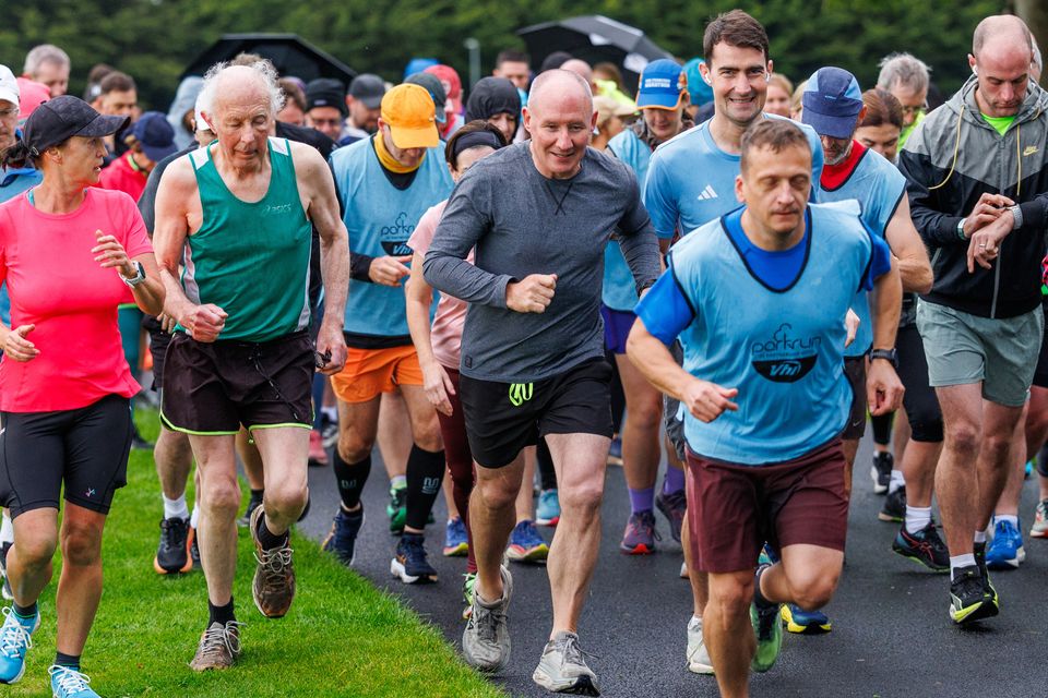 Fianna Fáil presidential candidate Jim Gavin and Jack Chambers, who took part in the Porterstown Parkrun. Photo: Mark Condren