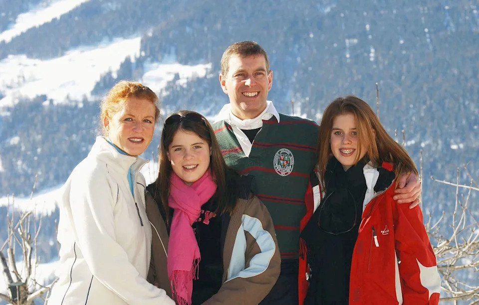 Getty Images The Duchess of York, Princess Eugenie, the Duke of York and Princess Beatrice attend a photocall on February 18, 2003 in Verbier, Switzerland