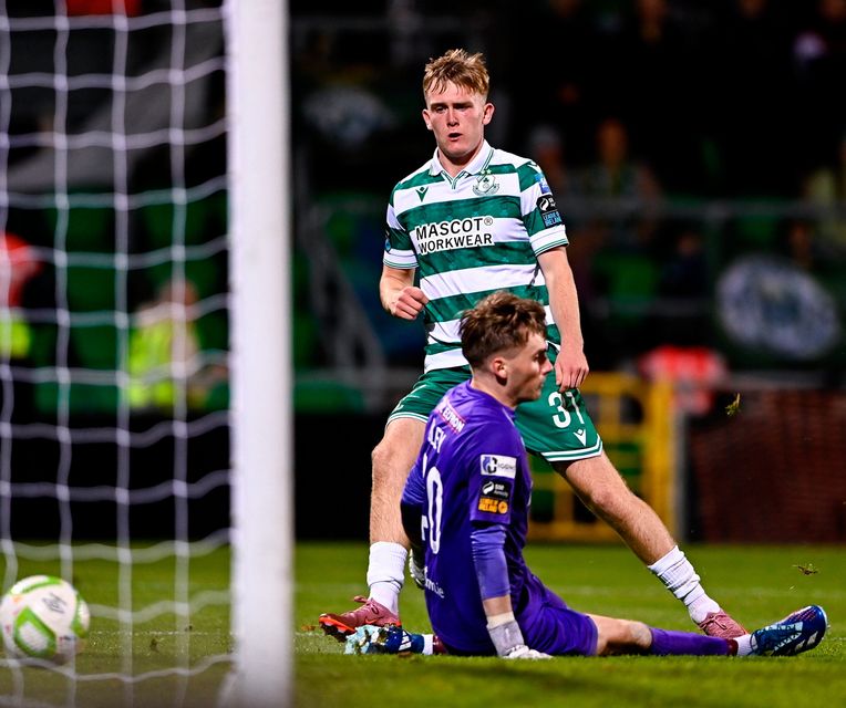 Shamrock Rovers' Michael Noonan scores the hosts' fifth goal past Kerry FC goalkeeper Darragh Foley. Photo: Ben McShane/Sportsfile