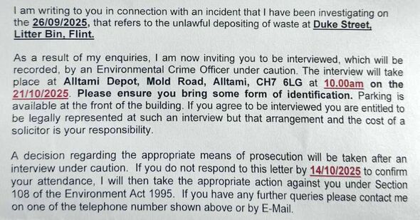A section of the letter Natasha received from an environmental crime officer