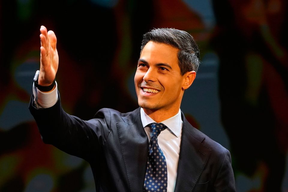 Rob Jetten, leader of the centre-left D66 party, speaks on stage in Leiden, Netherlands. Photo: AP