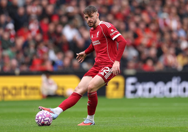 Conor Bradley of Liverpool in action against Everton. Photograph: Stu Forster/Getty
