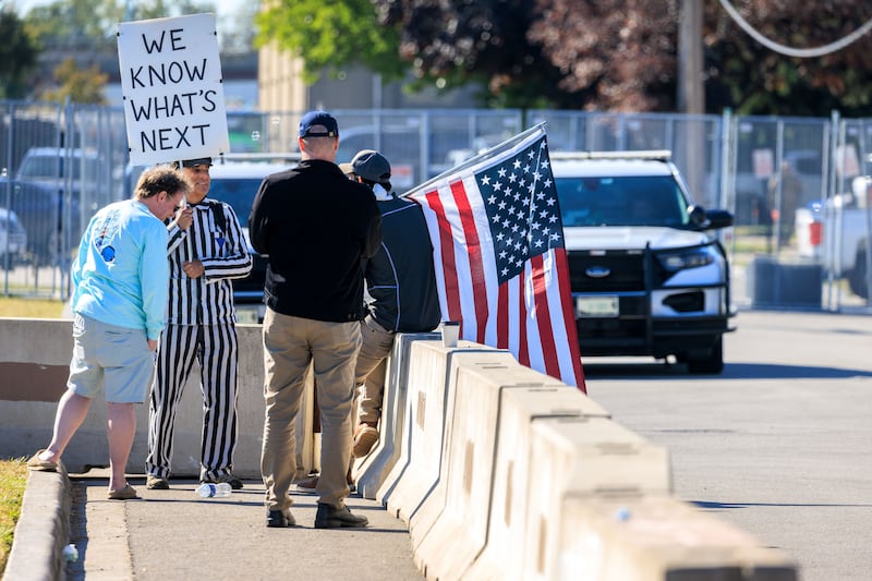 Protesters stand outside the Ice detention facility in Broadview, Illinois. Photograph: Cristobal Herrera-Ulashkevich/EPA