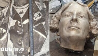 A composite image showing the separate head and torso of the Sylvia Townsend Warner statue. The torso is in the picture on the left and shows the bronze with bits of plaster still on it. It depicts a buttoned-up coat with lapels and a pearl necklace. The head, which lays on a workbench, has side-parted, ear-length, curly hair and a serious expression.