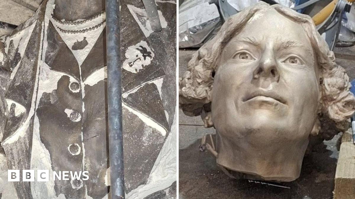 A composite image showing the separate head and torso of the Sylvia Townsend Warner statue. The torso is in the picture on the left and shows the bronze with bits of plaster still on it. It depicts a buttoned-up coat with lapels and a pearl necklace. The head, which lays on a workbench, has side-parted, ear-length, curly hair and a serious expression.