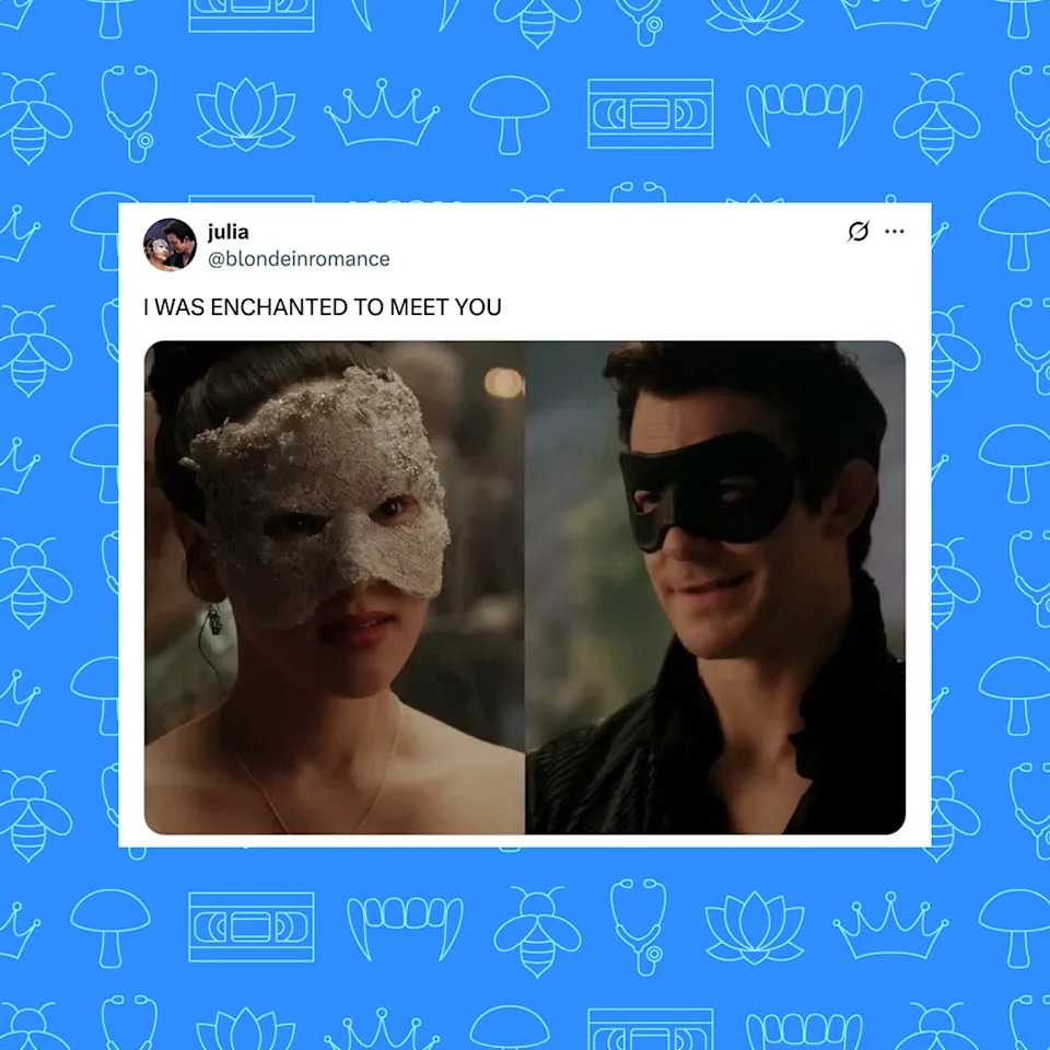 Tweet with two people in masquerade masks, captioned "I was enchanted to meet you."