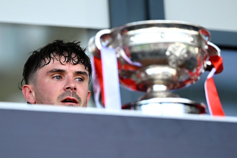 Athy captain David Hyland before lifting the Dermot Bourke Cup. Photo: Piaras Ó Mídheach/Sportsfile
