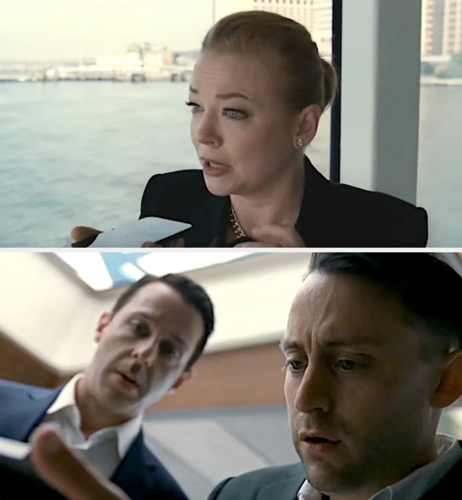 Top: Woman speaking urgently by the window. Bottom: Two men looking concerned. Scene from a dramatic TV show