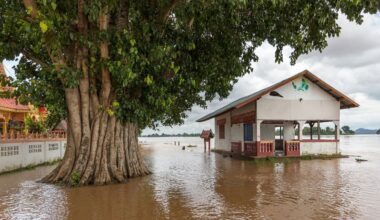 Flood waters rise to the porch of a house next to a tree in Laos