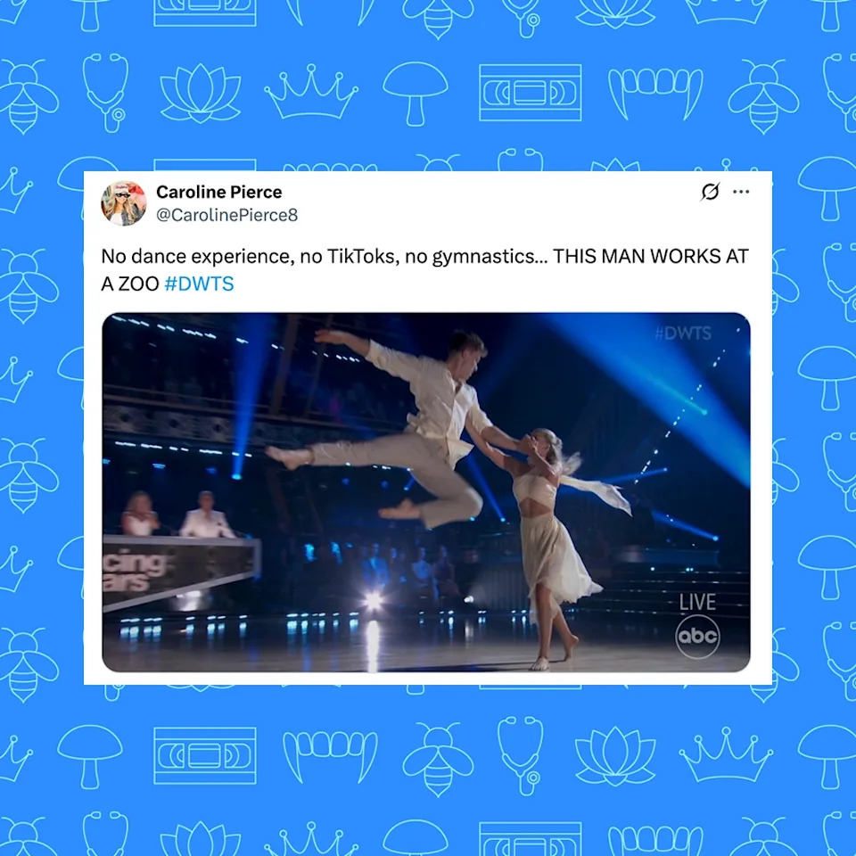 Dancers on a TV show perform a lift; a man in a flowing shirt jumps, partnered by a woman in a skirt. Tweet jokes about his lack of dance background