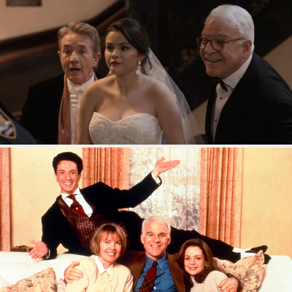 Top photo: Martin Short, Selena Gomez, and Steve Martin in formal attire. Bottom photo: Martin Short, Diane Keaton, Steve Martin, and Kimberly Williams-Paisley posed