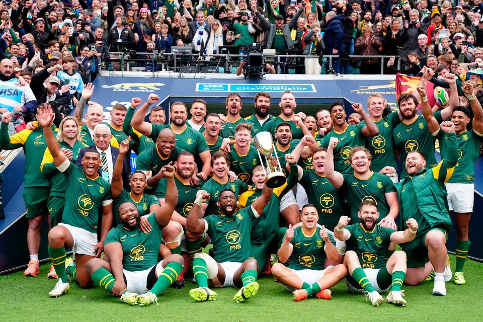 South Africa's captain Siya Kolisi celebrates with his team-mates as he lifts the 2025 Rugby Championship trophy after their recent win over Argentina at Twickenham Stadium, London