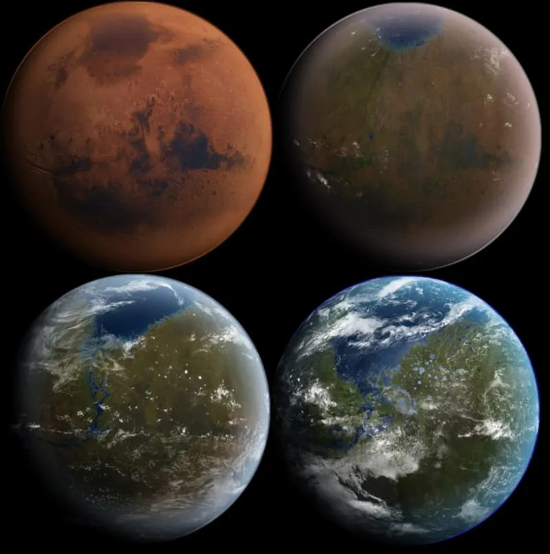 Artist’s impression of the hypothetical phases of the terraforming of Mars. (CREDIT: Wikimedia Commons)