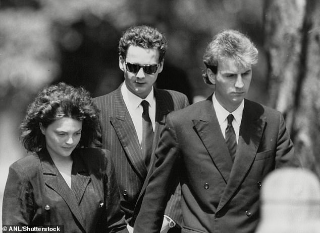 Valentine Guinness and girlfriend Lucinda Rivett-Carnac attending the funeral of Olivia Channon in 1986