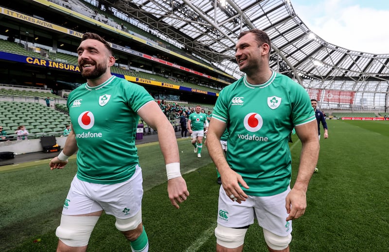 Jack Conan and Tadhg Beirne train at the Aviva Stadium in March. Photograph: Dan Sheridan/INPHO