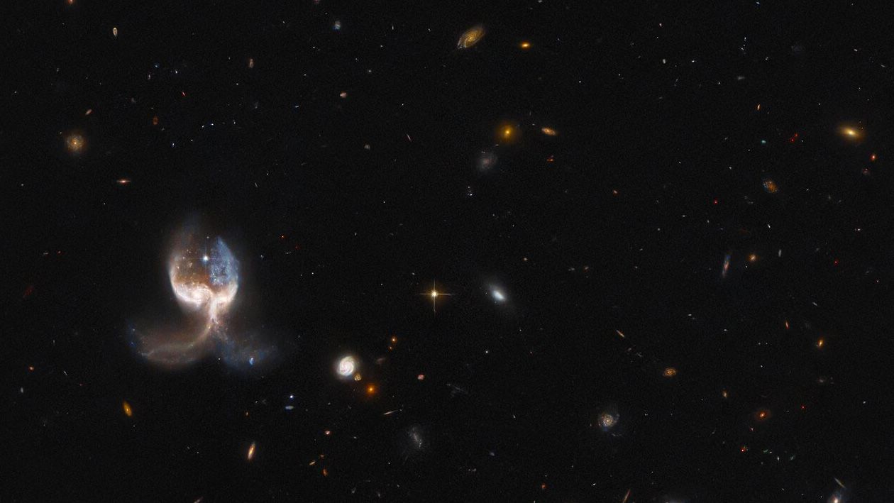 The NASA/ESA Hubble Space Telescope photographed the VV689 system, which consists of two massive merging galaxies, giving the system a symmetrical &quot;wing&quot; appearance.