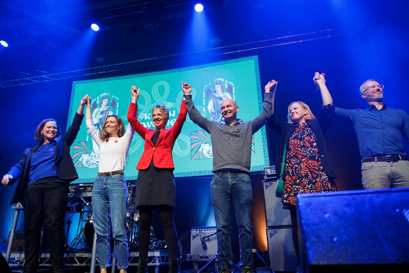 Leaders backing Connolly: Sinn Féin's Mary Lou MacDonald, Social Democrats' Holly Cairns, Labour's Ivana Bacik, People Before Profit-Solidarity's Paul Murphy and Ruth Coppinger, and the Green Party's Roderic O'Gorman on stage at a concert for Catherine Connolly in Vicar Street, Dublin, on Monday night. Photograph: Dan Dennison/The Irish Times