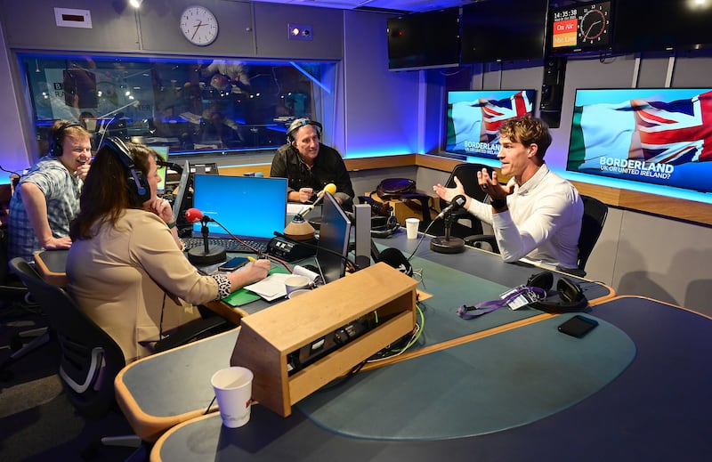Former Sinn Féin MP Michelle Gildernew and former DUP MP Ian Paisley with presenter Chris Buckler and Andrew Trimble in the studio. Photograph: Arthur Allison/Pacemaker Press
