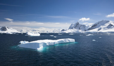 A glacier floating in the sea below a blue sky.
