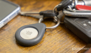 Apple AirTag on keychain stock photo