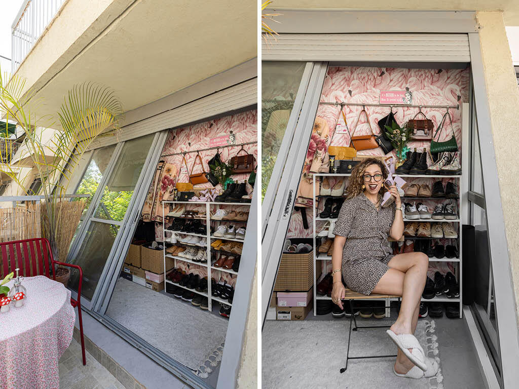 The shoe cabinet in the triangular storage room on the balcony  (Photo: Merav Felberg)  ארון הנעליים במרפסת של אביב קסלר, מדור כאן גרים