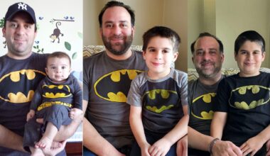 A man and a boy are seen in three side-by-side photos over time, both wearing Batman t-shirts. The boy grows older in each photo, and they smile together in a cozy home setting.