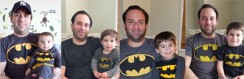 Five photos of the same man and boy sitting together over the years, both wearing Batman shirts; the boy grows older in each photo, showing their progression through time.