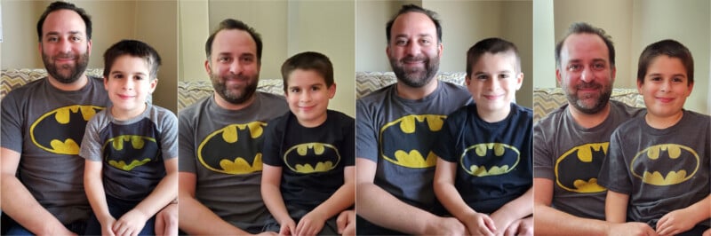 A man and a boy, both wearing Batman shirts, sit close together on a couch. The same image is shown four times, side by side, with slightly different lighting and color tones in each section.