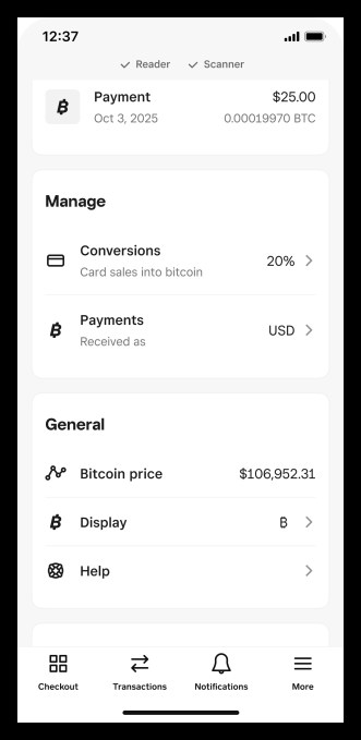 A screenshot of Square app on seller side that shows the Bitcoin wallet functionality, allowing them to hold and trade the cryptocurrency. 