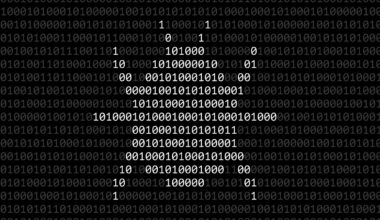 Bug silhouette composed from light 0 and 1 digits over dark binary code