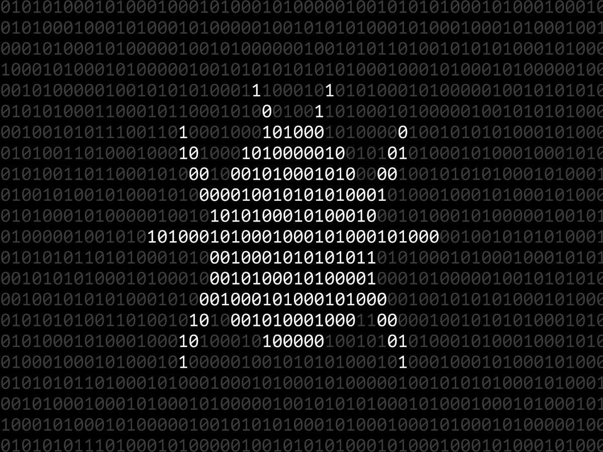 Bug silhouette composed from light 0 and 1 digits over dark binary code